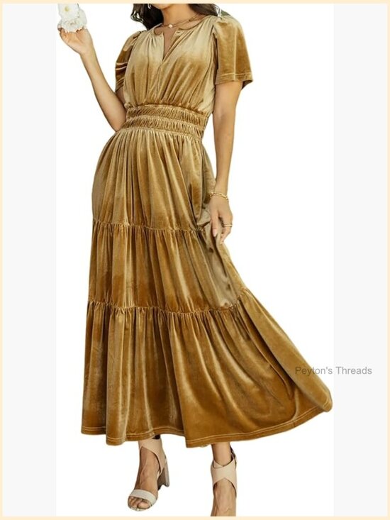Dresses & Skirts - Velvet Short Sleeve V Neck Elastic Waist Tiered Ruffle A-Line Flowy Maxi Dress
